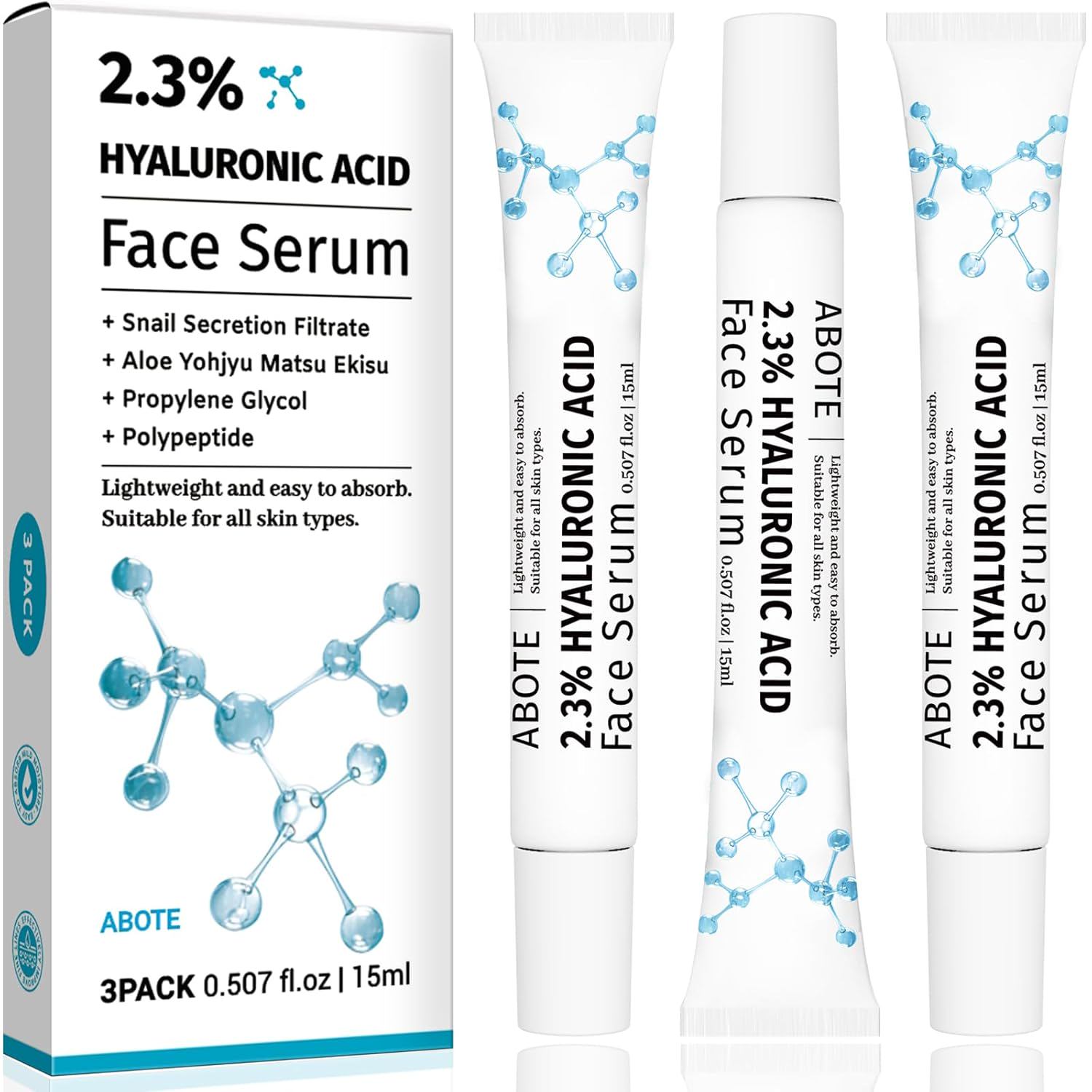 2.3% Hyaluronic Acid Serum for Face with 1% Snail Secretion Filtrate Deep Moisturizing Anti-Aging Anti-Wrinkle (3Pack-Each 0.507 fl.oz | 15ml)
